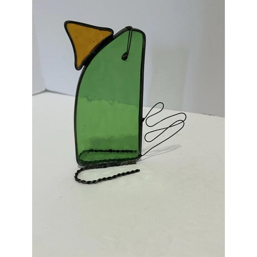 Vintage Stained Glass Bird Sun Catcher Green W/ Orange Beak Shelf Sitter